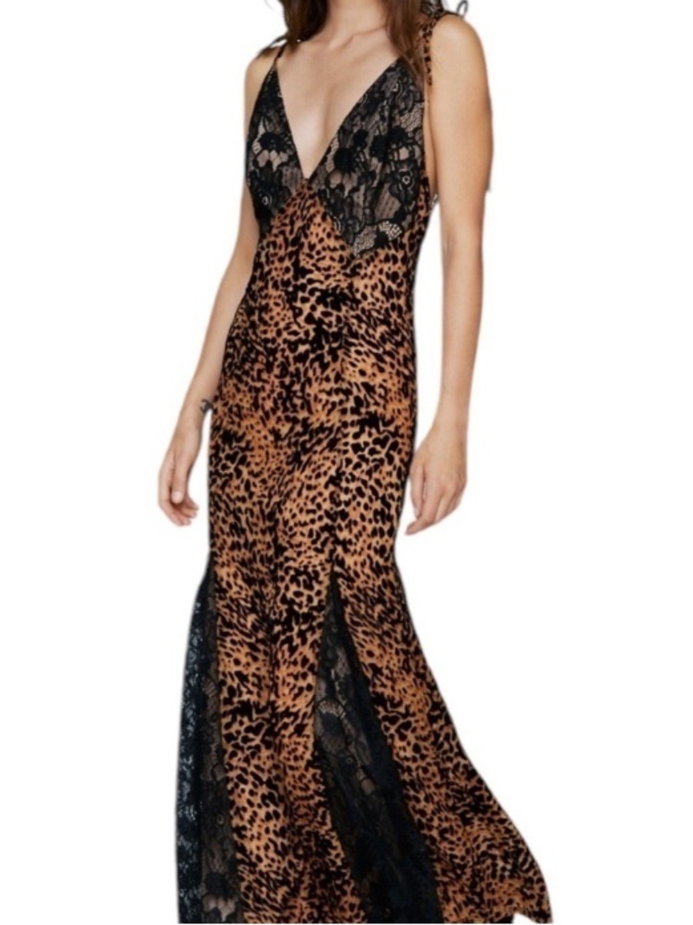 Lace Panel Devore Strappy Animal Print Maxi Dress, with black lace trim. Sz 12